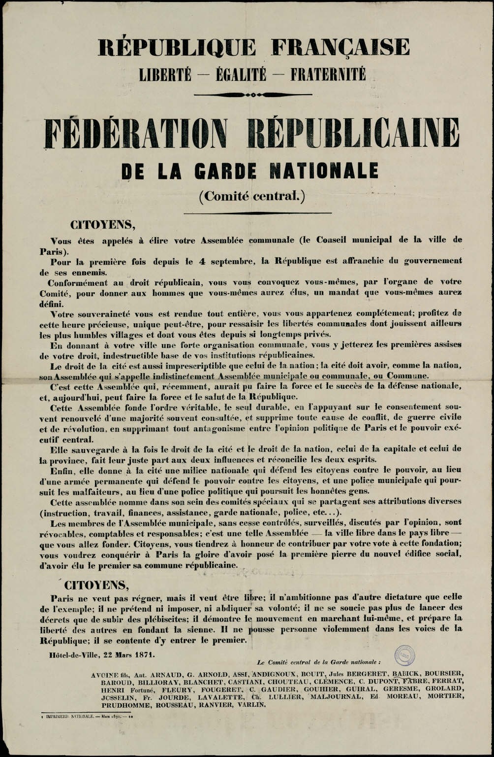 Affiche de la Commune de Paris du 22 mars 1871 - Manifeste du Comité central de la Garde nationale (source : La Contemporaine – Nanterre / argonnaute.parisnanterre.fr)
